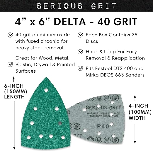 40 Grit 4" x 6" Delta (100mm x 150mm) Triangle Sanding Sheets - Fits Festool DTS 400 & Mirka DEOS Delta Sanders - Heavy-Duty Hook & Loop Film Sandpaper for Detail Sanders - 25 Pack Box