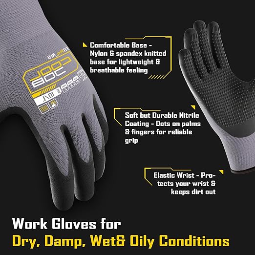 COOLJOB 3/6/12 Pairs Nitrile Rubber Coated Nylon Safety Work Gloves, Dotted for Non-Slip Grip, Breathable Soft Seamless Knit Nitrile Dipped Gloves for Warehouse, Home Improvement, Yard, Grey Small