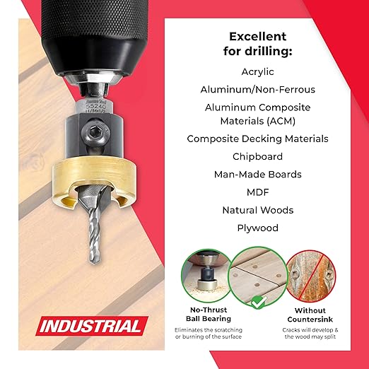 Amana Tool 82 Degree Countersink with Drill Bit Depth Stop and No-Thrust Ball Bearing, 55240, 1/2 D x 11/64 Drill D x 1/4 Inch Quick Release Hex Shank