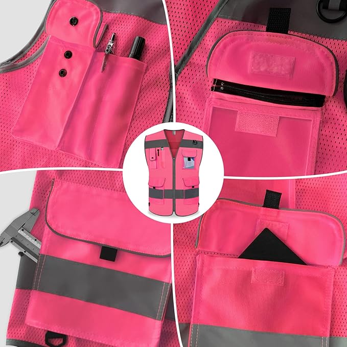 TCCFCCT Mesh Pink Safety Vest for Men Women 9 Pockets High Visibility Reflective Vest for Safety, Work Vest with Reflective Strips, Meets ANSI/ISEA Standards, Large