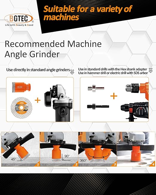 BGTEC Diamond Hole Saw Kit - 11PCS 6/6/20/25/35/50/75/100mm Drill Bits & 50mm Chamfering Bit & SDS/HEX & 115mm Tile Blade for Porcelain Tile Ceramic Granite Marble Stoneware