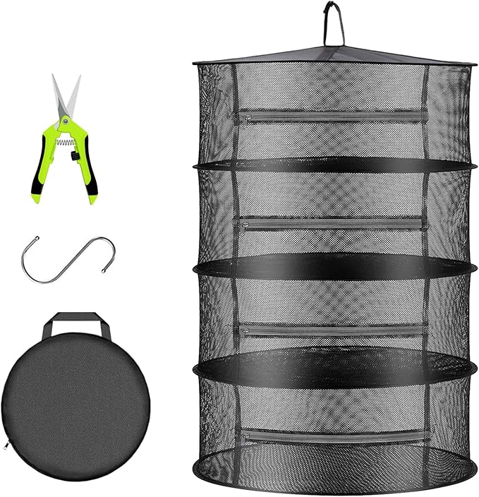 Herb Drying Rack Net Mesh with Black Zippers Hydroponics, Bonus Hook Scissor Drying Rack 2ft for Plant Bud Seed, Mesh Hanging Plant Dry, Herb Dry Net for Garden (4 L, Black Zipper)
