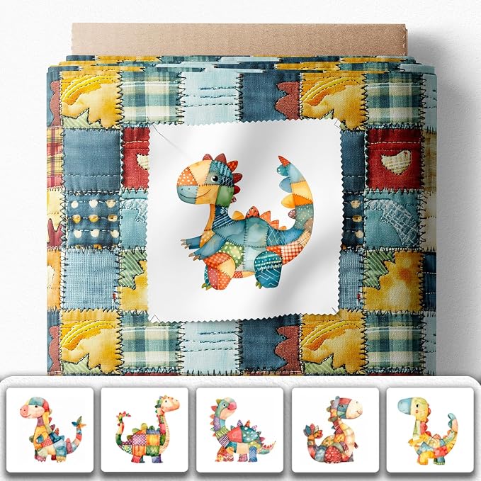 Patchwork Dinosaur Cotton Fabric Panel – 6 Designs + Bonus Sheet 29.5×19.6 inch - Image 2