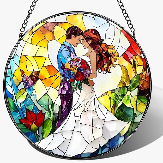 8'' Romantic Couple Wedding Sun Catcher Ornament, Stained Glass Window Hanging by Unknown