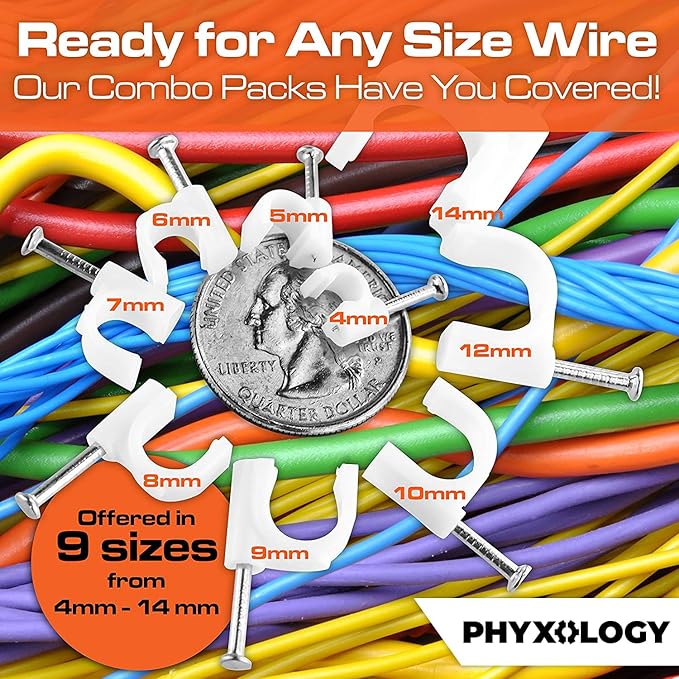 Pro-Grade, Cable Clips with Steel Nails 4mm - 14mm Wire Holders and Tacks in 9 sizes, 100 Per Size. Durable, UV Resistant Plastic Clips Help Organize Coax, Ethernet, Cat5, Cat6 and Other Cords.