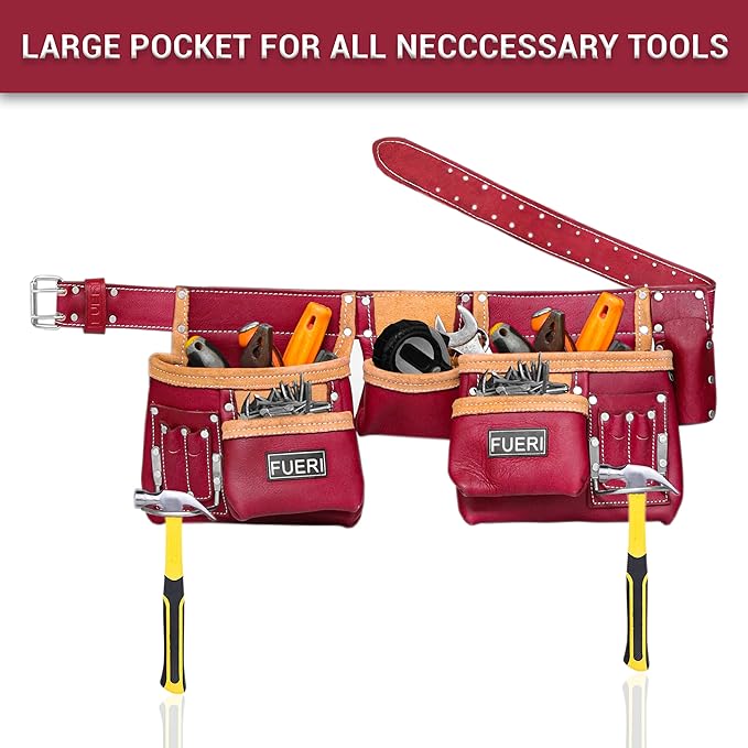 FUERI Leather Tool Belt Bag Men Pouch Heavy Duty Tools Pouches Organizer for Carpenter Construction Electrician Belts Bags Holder (11 Pocket Maroon, Adjustable)