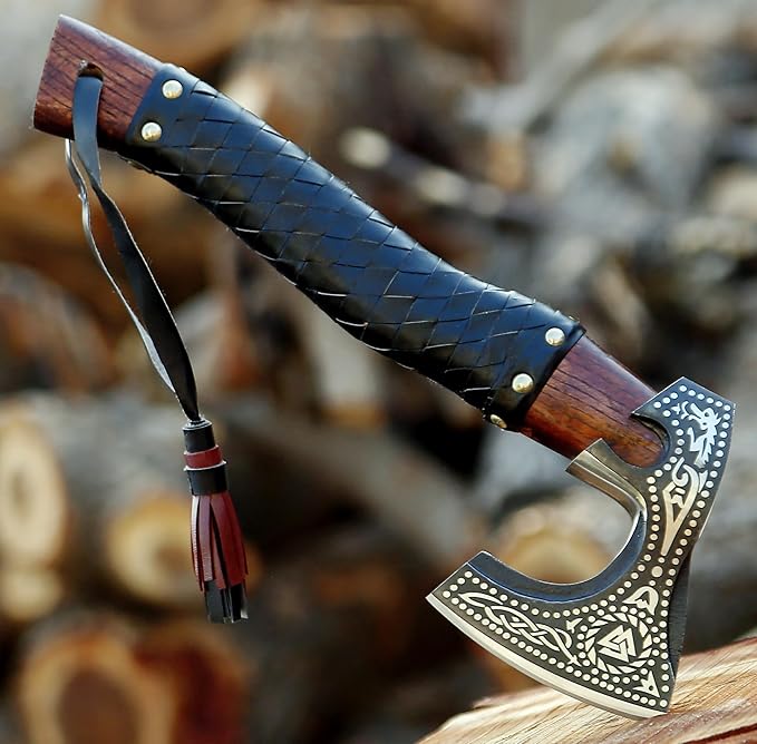 SHINY CRAFTS-Viking Axe Bearded Axe Tomahawk Birthday Gifts-Viking Axe Real, Bearded Axe Real Hatchet Russian Valknut Wood Working Tool with Premium Leather Sheath (SCA-10)