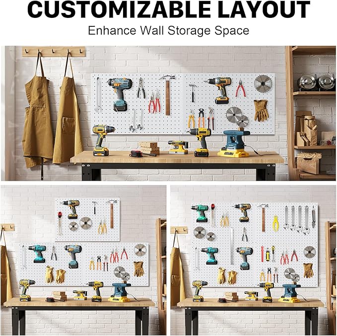 Peg Board, 4 Pack Metal Pegboard Panels White Pegboards Wall Organizer with Frame Large Heavy Duty Peg Board with Hooks for Walls Home, Garage Tool Storage, Office, Craft Room, Kitchen 24”×16”