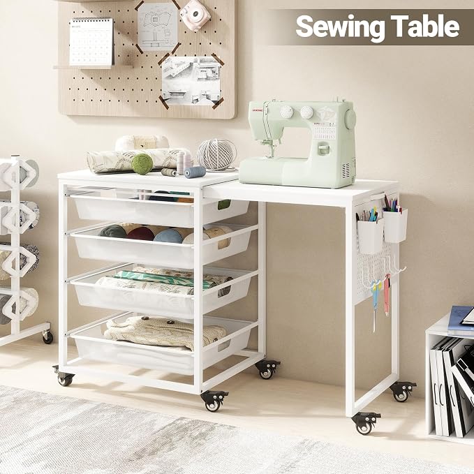 Craft Table with Wheels & Drawer, Extendable Cart with Pegboard, Arts and - Image 7