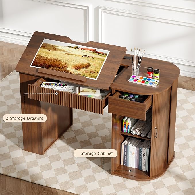 Drafting Table with Storage Cabinet & Drawers, Adjustable Drawing Table with - Image 3