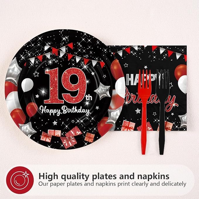 96Pcs Red and Black Party Decorations Happy 19th Birthday Plates and Napkins - Image 3