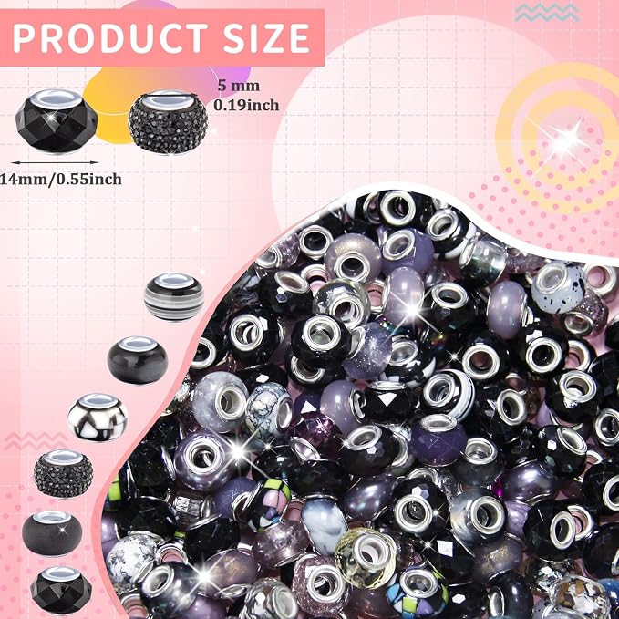 60Pcs Large Hole Beads Spacer Beads Black Assorted European Craft Big Beads - Image 2