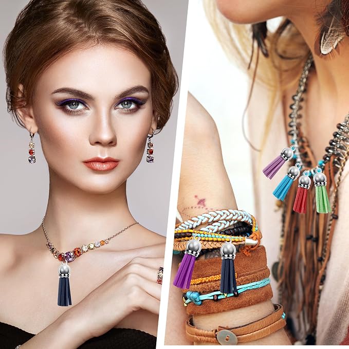 120 Pack Leather Keychain Tassels Charms Silver White Cap Multicolor Tassels - Image 5