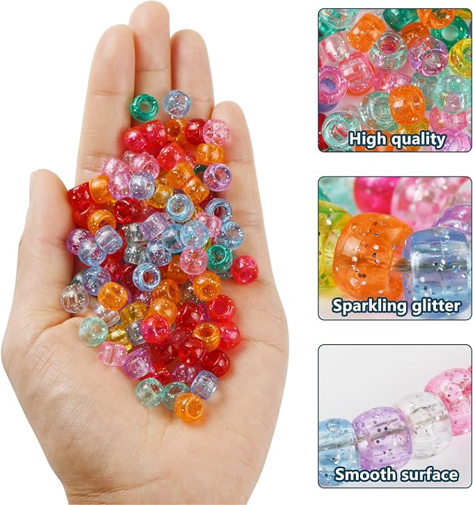 Simetufy 1200 pcs Pony Beads 6x9mm Glitter Clear Plastic Beads Transparent Beads - Image 5