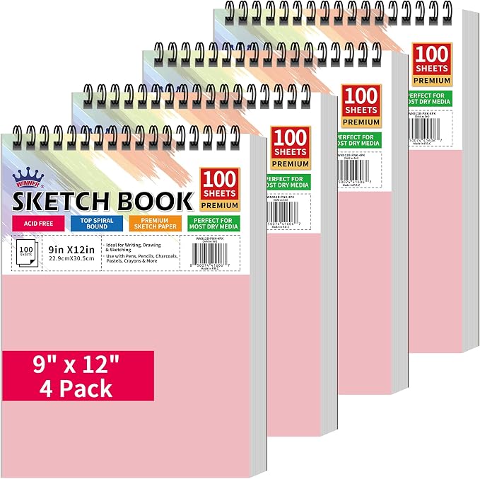 WINNER 9" x 12" Sketch Book 4 Pack, 400 Sheets Spiral Bound Art Sketchbook by WINNER
