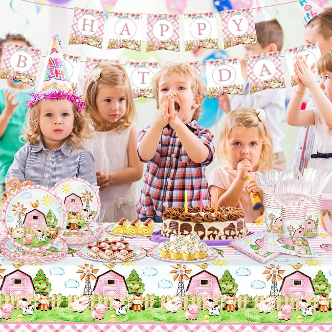 171 PCS Farm Animals Birthday Party Supplies, Disposable Pink Plates Napkins - Image 5