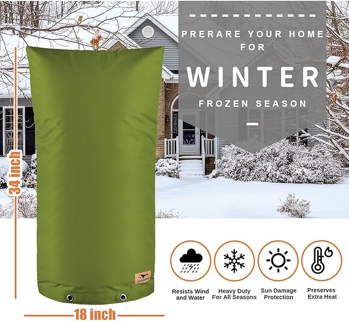 Backflow Preventer Insulation Cover - Water Pipe Insulation Sprinkler Cover for Outside - Insulated Backflow Cover Pouch for Irrigation Back Flow Valve in Winter or Sun Exposure (18"W x 34"H, GREEN)