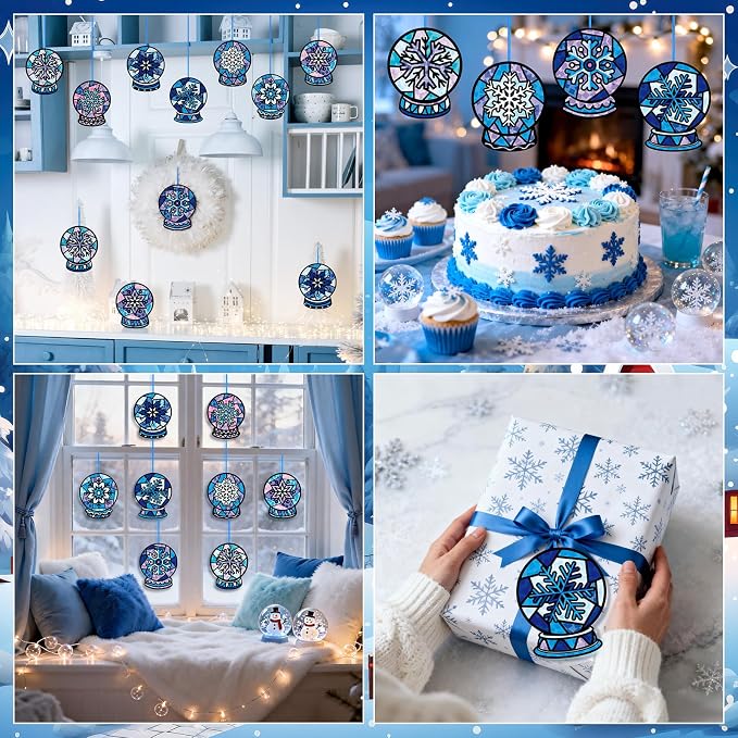 Eersida 32 Pcs Winter Snow Globe Suncatcher Craft Kit, 8 Designs Stained Glass - Image 5