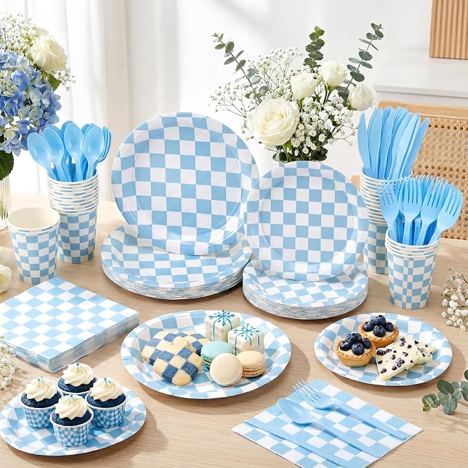 Pickmesh 400 Pcs Blue and White Checkered Party Decorations Set Light Blue - Image 4