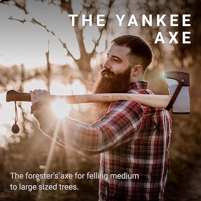 Yankee Axe - German Forester's Axe with Leather Sheath, 3.5 lb Head, Anti-Slip 31.5" Hickory Handle with Red Stripe