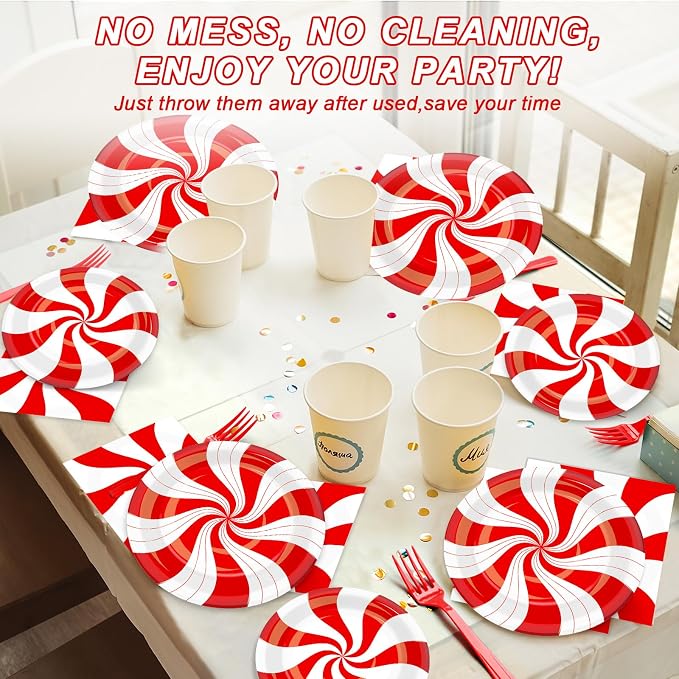 100Pcs Christmas Peppermint Paper Plates and Napkins Party Supplies Candy Cane - Image 5