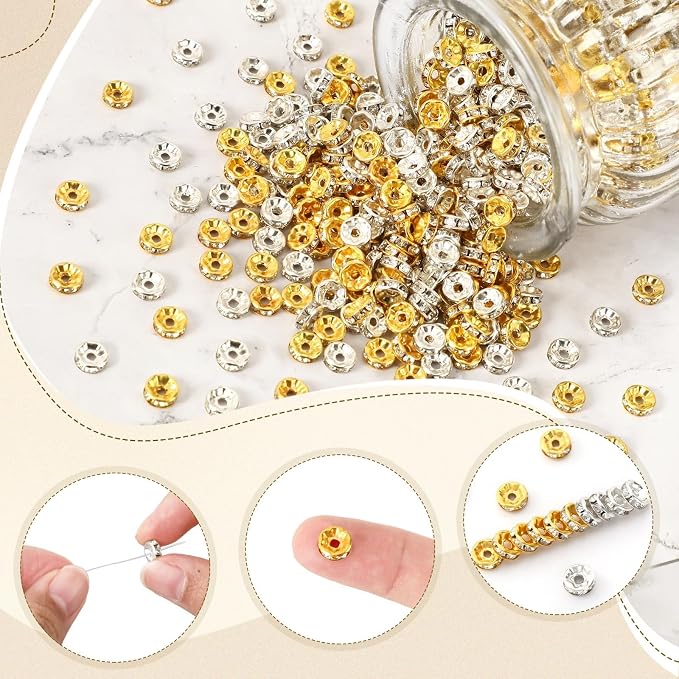 Augshy 700Pcs Rondelle Spacer Beads, 8 mm Silver and Gold Rhinestone Spacer - Image 3