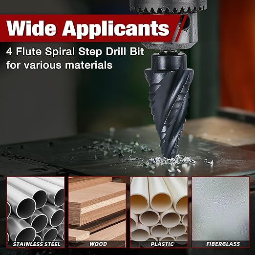 Four Spiral Flute Cobalt Step Drill Bit, 3pcs(1/4"-7/8") M35 Cobalt Step Drill Bit Wear-Resistant AlTiN Coated, 1/4" Hex Shank Hole Drill in Stainless Steel, Copper, Aluminum, Wood, Plastic