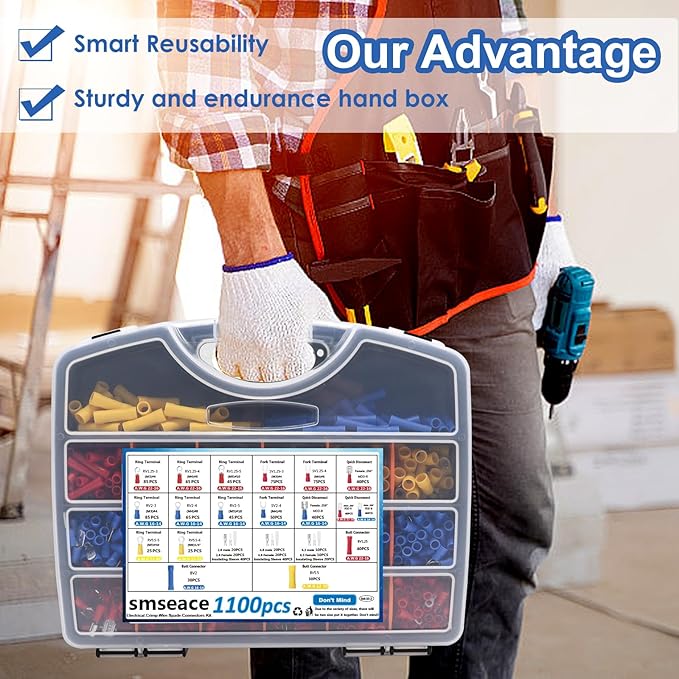 smseace 1100Pcs Crimp Wire Connectors with Crimping Tool Packed in Handheld box 22-10AWG Insulated Crimp Spade/Fork/Ring/Butt Electrical Speaker Wire Connector