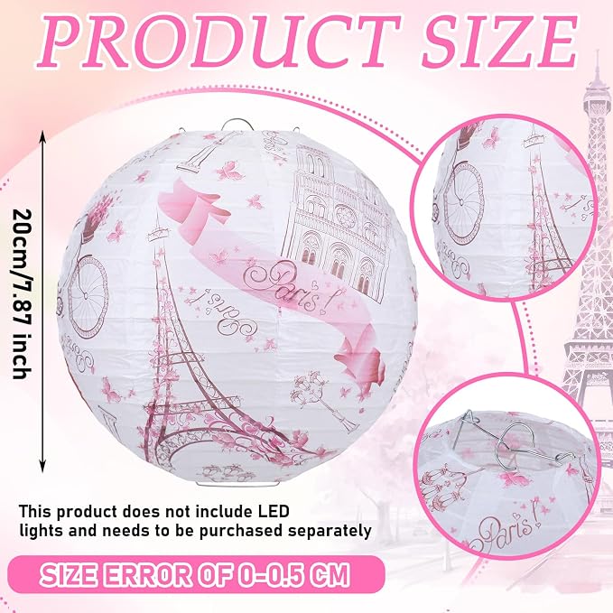 Panelee 12 Pcs Paris Party Decorations Eiffel Tower Pink Paper Lanterns 8 Inch - Image 2