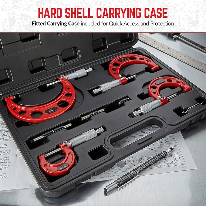 Premium Outside Micrometer Set 0-4" / 0.0001" (0-1"/1-2"/2-3"/3-4") Precision Machinist Tools w/Carbide Tips, Standards, Ratchet Stop