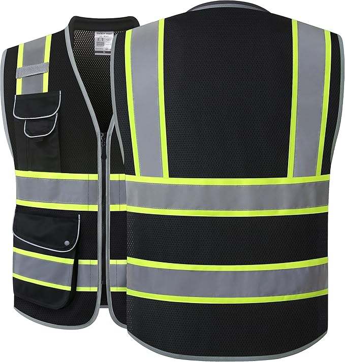 JKSafety 9 Pockets Hi-Vis Black Safety Vest for Men Women High Visibility Reflective Construction Mesh Fabric Cushioned Collar Work Utility PPE Work Gear ANSI/ISEA compliant (101-Black M)