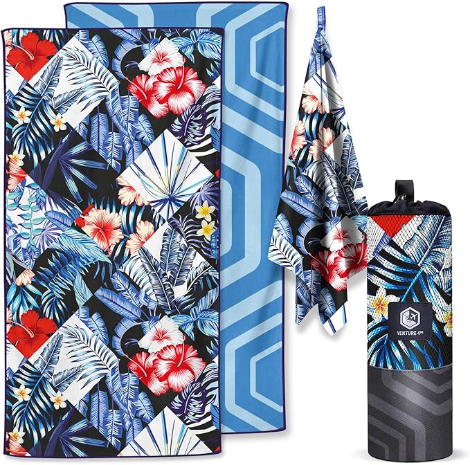 VENTURE 4TH Microfiber Beach Towel: Quick-Dry, Compact, Sand-Free, Absorbent, Sandproof and Lightweight - Perfect for Camping, Beach, and Roadtrips (Midnight Bloom Design | 35x78 inches)