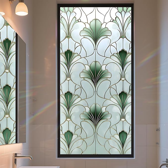 Stained Glass Window Privacy Film: Non-Adhesive Sun and Landscape Mosaic Design by AOHMPT