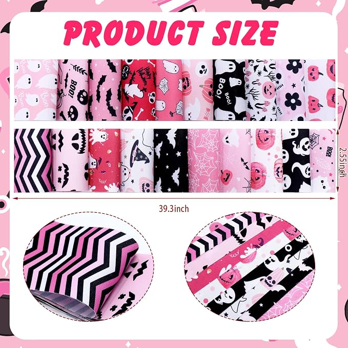 Hosuly 40 Pcs Pink Halloween Fabric Patchwork Roll Halloween Pumpkin Ghost - Image 2