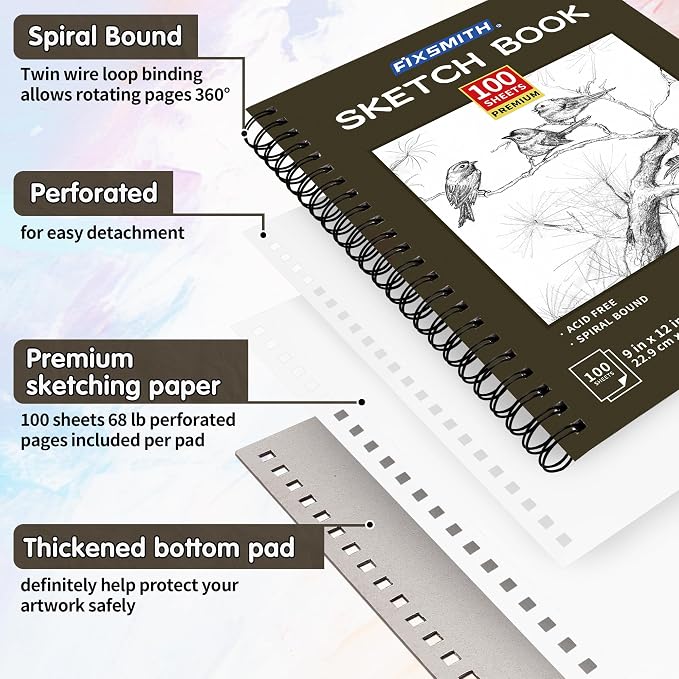 FIXSMITH 9"X12" Brown Sketch Book, 100 Sheets Spiral Sketchbook, Acid Free - Image 3