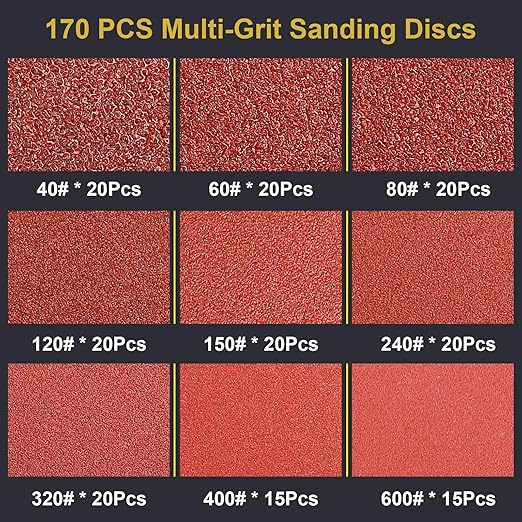 170 Pcs 5 Inch Sanding Discs, 8-Hole Hook and Loop Round Sandpaper for Random Orbital Sander 40 60 80 120 150 240 320 400 600 Grit