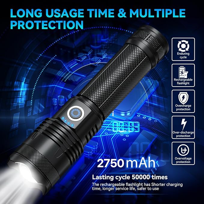Rechargeable LED Flashlights High Lumens, 99,000 Lumens Super Bright Flashlights with 5 Modes, Waterproof Powerful Flash Light Multifunctional Flashlights for Home Emergencies Hiking（2 Pack）
