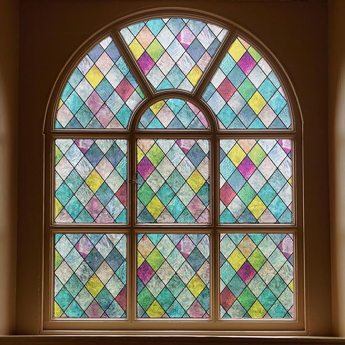 Stained Glass Window Film, Window Privacy Films, Colorful Lattice Window Tint by FEOMOSDIRECT