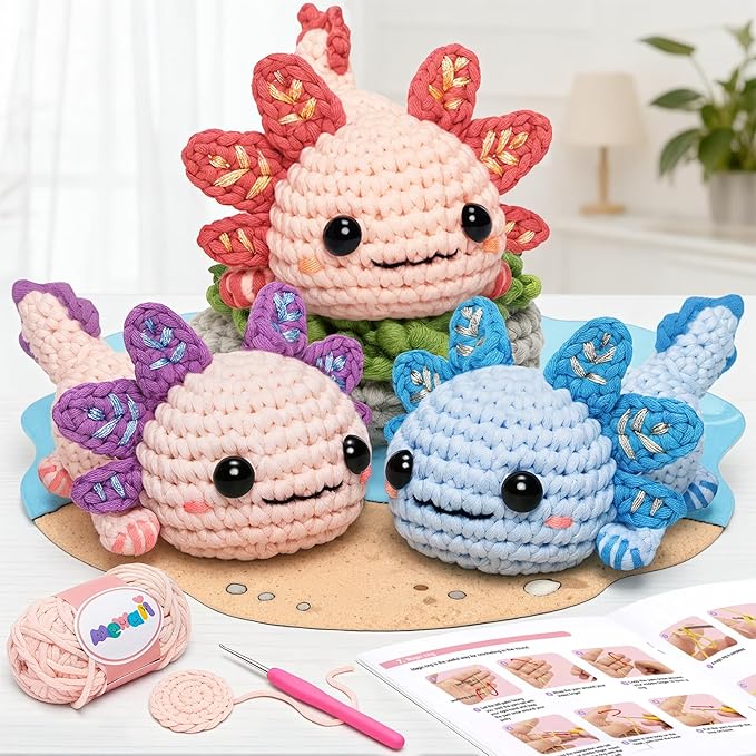 Mewaii Crochet Kit for Beginners, 3 Pack Axolotl Craft Set | 40% Extra Yarn by Mewaii