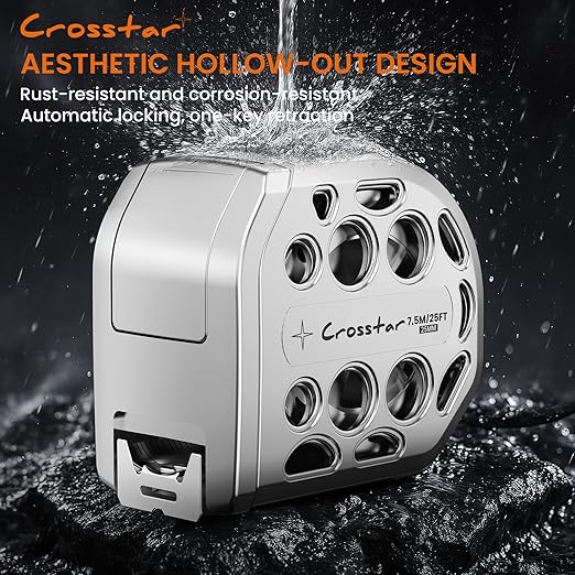 Crosstar 25FT Magnetic Self-Locking Stainless Steel Tape Measure, Double-Sided Scale, Waterproof & Rustproof Retractable Measuring Tape with Hollow Design for Home, Industrial, Woodworking
