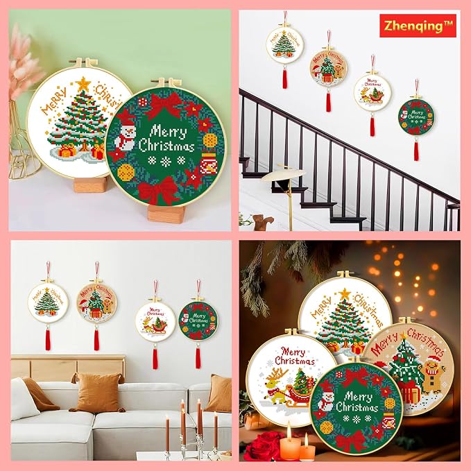Zhenqing 4 Pack Christmas Stamped Cross Stitch Kit, 11CT Printed Santa Reindeer - Image 9