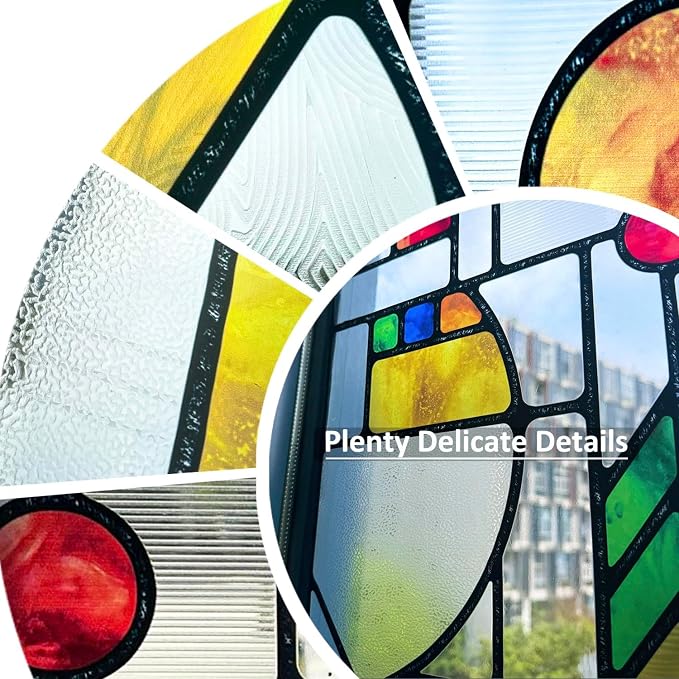 Original Hand Drawn Faux Stained Glass Window Film Double-Sided Texture Static - Image 3
