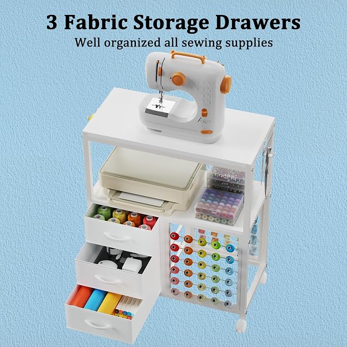 Sewing Table with 60 Spools Thread Holder and 3 Fabric Drawers, Rolling Sewing - Image 4