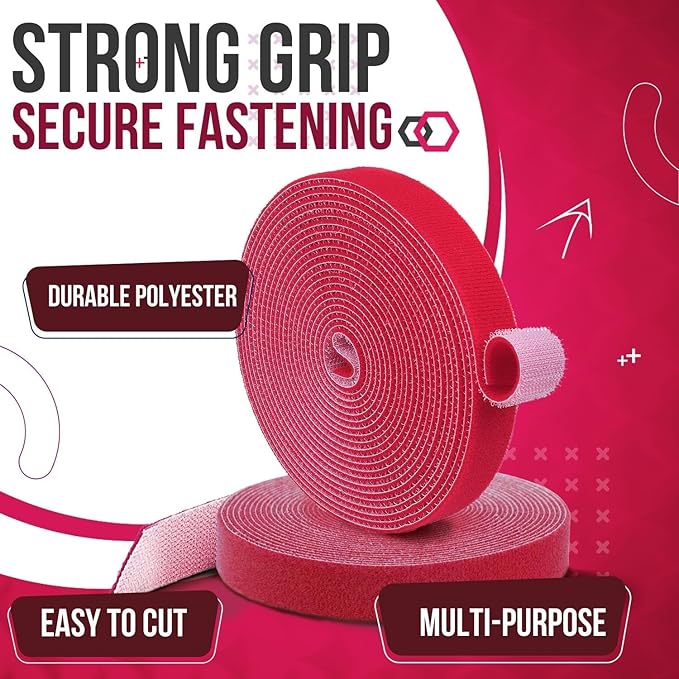 TNP Hook and Loop Tape Strap Cable Ties Fastener (Red) (15 Feet) - Sticky Self Adhesive Nylon Fabric Roll Wrap 0.75" Wide 5 Yards Reusable for Cutting Custom Length Cord Wire Fastening
