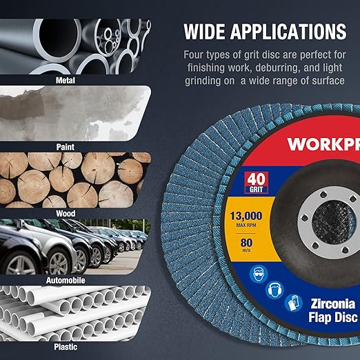WORKPRO 10-Pack Flap Discs, 4-1/2-inch, Arbor Size 7/8-inch, T29 Zirconia Abrasive Grinding Wheel and Flap Sanding Disc, Includes 40 Grits