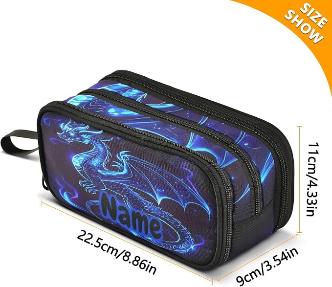 Custom Dragon Blue Black Pencil Case Box Boys Girls Personalized Name Large - Image 7