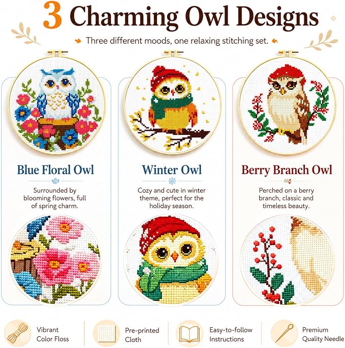 Zhenqing 3-Piece Owl Cross Stitch Kit Stamped Embroidery Kit 11CT Printed Aida - Image 6