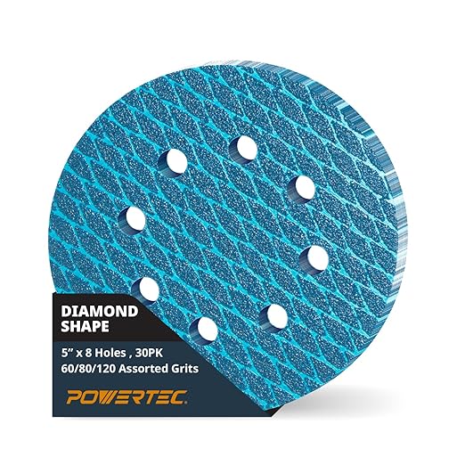 POWERTEC 5 Inch 8-Hole Hook and Loop Diamond Shaped Sanding Discs, 30-Pack Assorted Grits (60/80/120) for Random Orbital Sanders –J-Weight Cloth Backing for Long Life, Anti-Clog Sandpaper (44900)