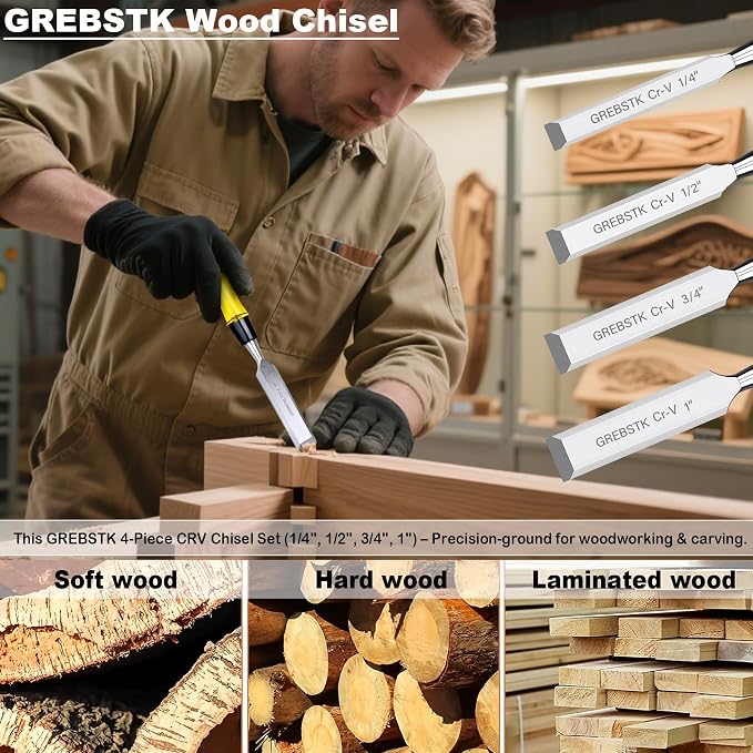 GREBSTK 4-Piece Ultra-Sharp Wood Chisel Set, CR-V Steel Beveled Blades - Image 5