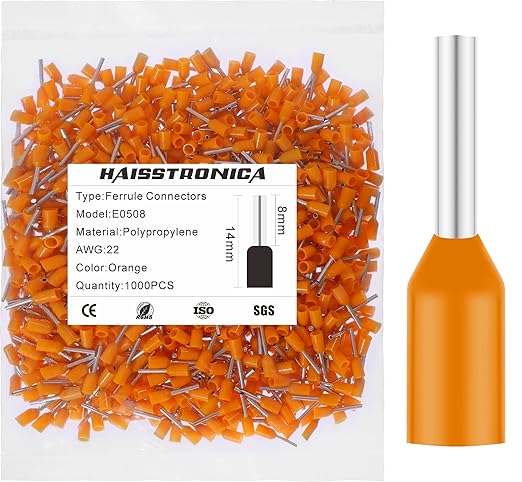 haisstronica 1000PCS Wire Ferrules Connectors,Orange AWG22 Wire End Ferrule Terminals,Crimp Pin Cord End Terminals